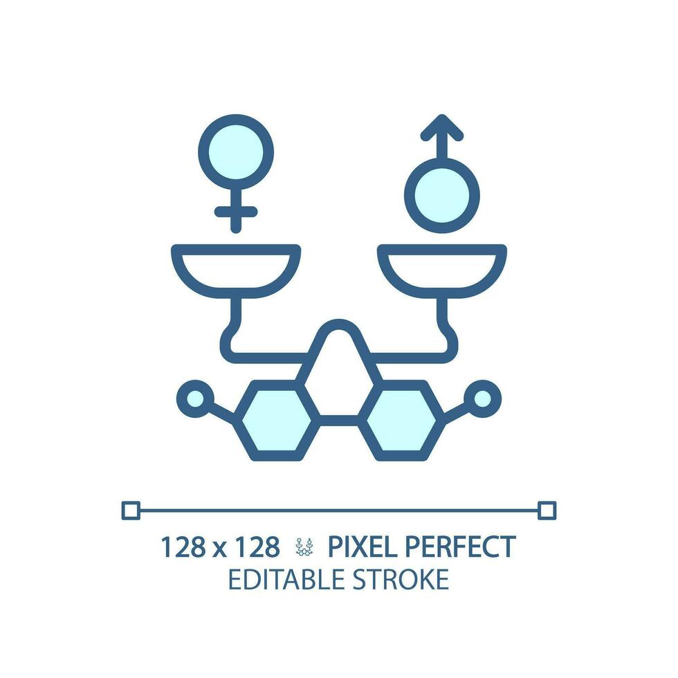 2d pixel Perfetto modificabile blu molecole con maschio e femmina equilibrio icona, isolato monocromatico vettore, magro linea illustrazione che rappresentano metabolico Salute. vettore