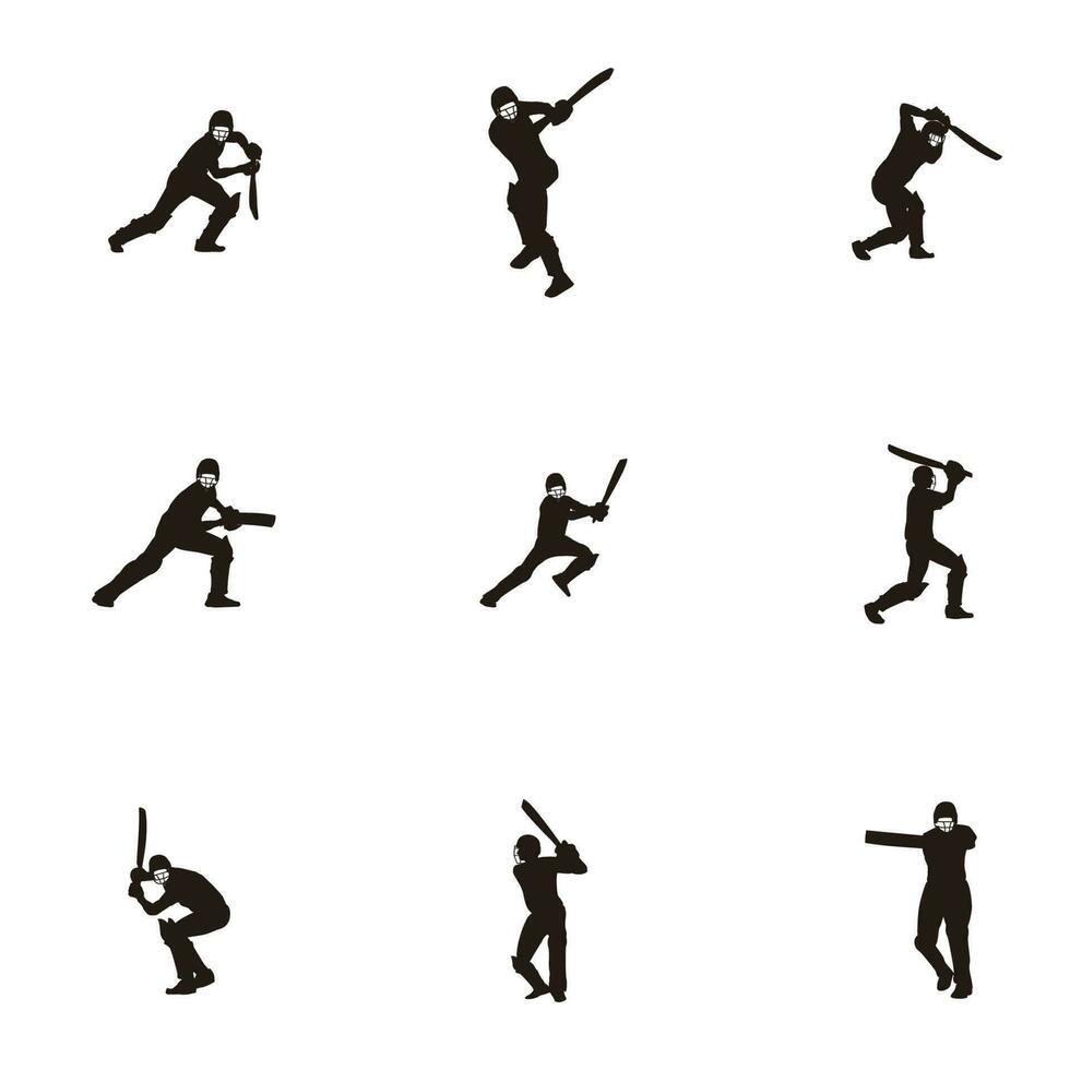 vettore illustrazione - sport uomo colpire il palla su cricket gioco silhouette impostato - cricket atleta silhouette impostato colpire il palla - piatto silhouette stile