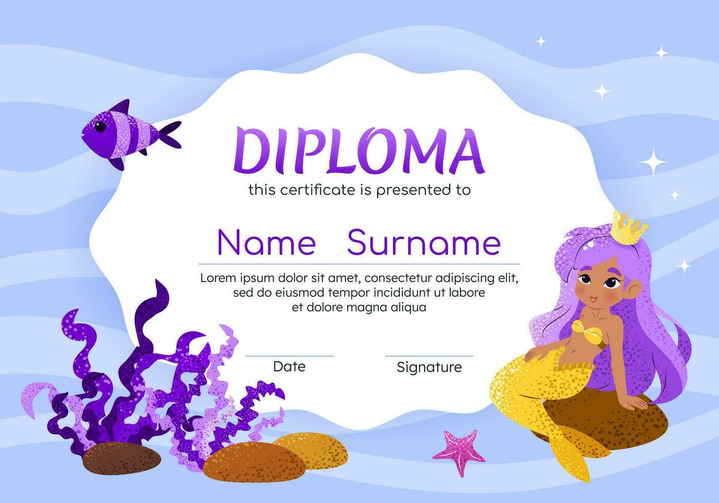 diploma certificato orizzontale modello con carino poco sirena, pesce, stella marina, alga marina. vettore sfondo per scuola, scuola materna, asilo. divertente subacqueo animali nel cartone animato stile.