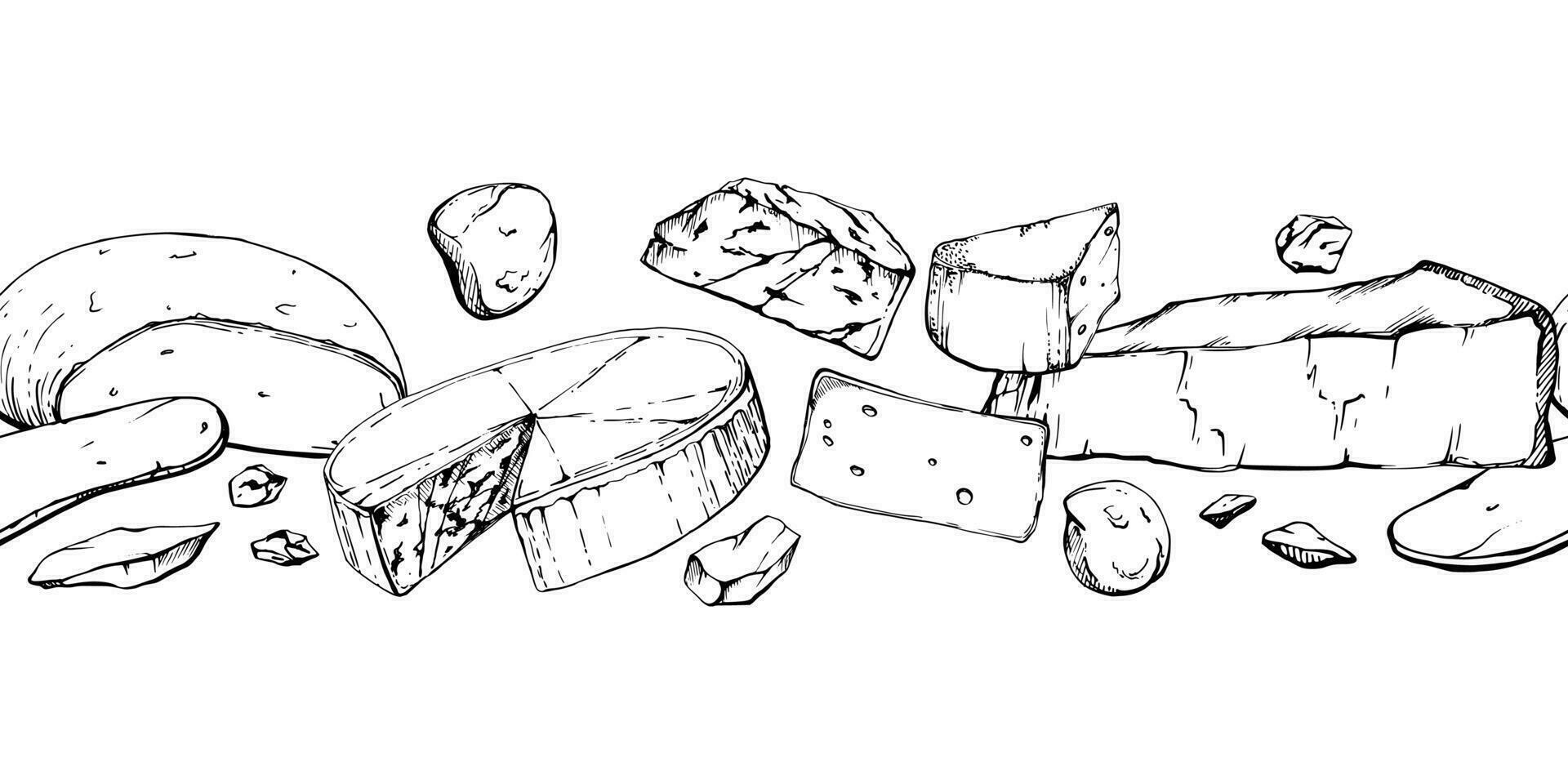 mano disegnato vettore inchiostro illustrazione. assortimento di formaggio Mozzarella parmigiano Edam emmental Groviera gorgonzola. senza soluzione di continuità confine isolato su bianca. ristorante menù, bar, cibo negozio pacchetto, aviatore Stampa.