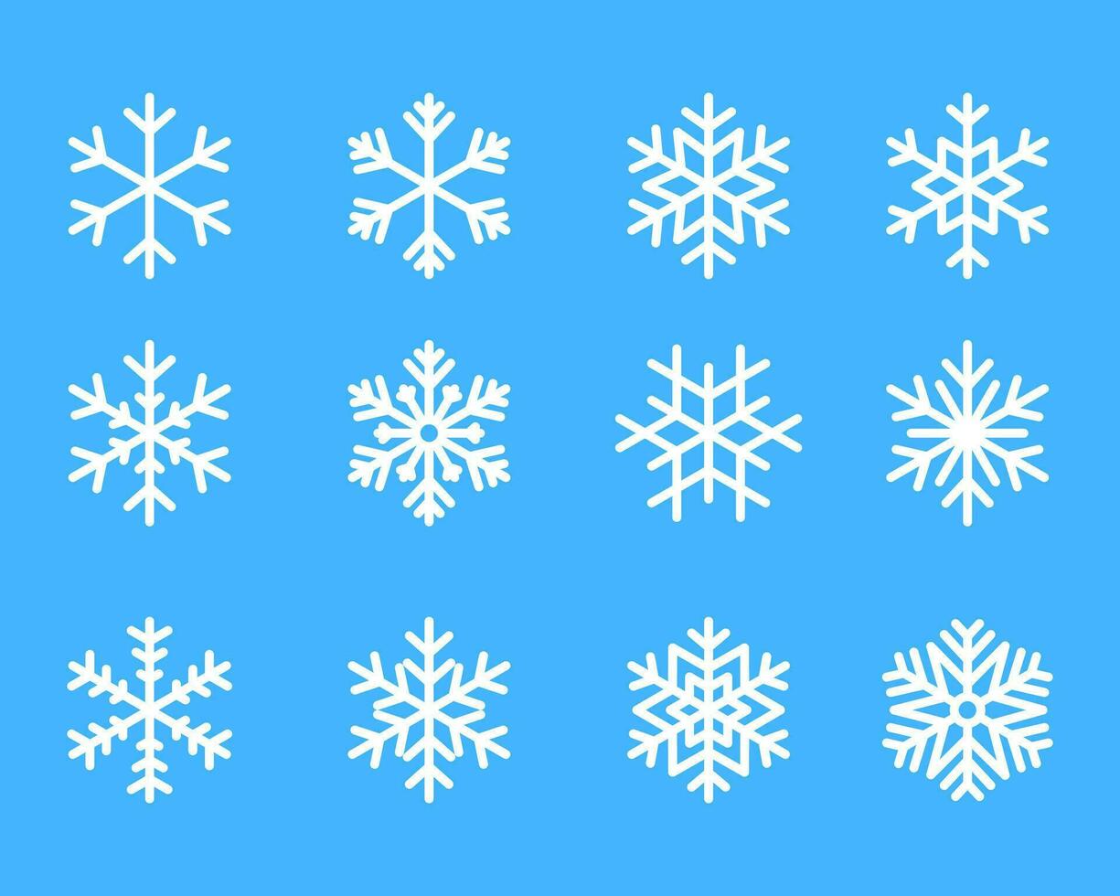 fiocco di neve inverno impostato di bianca isolato icona silhouette su blu sfondo vettore illustrazione