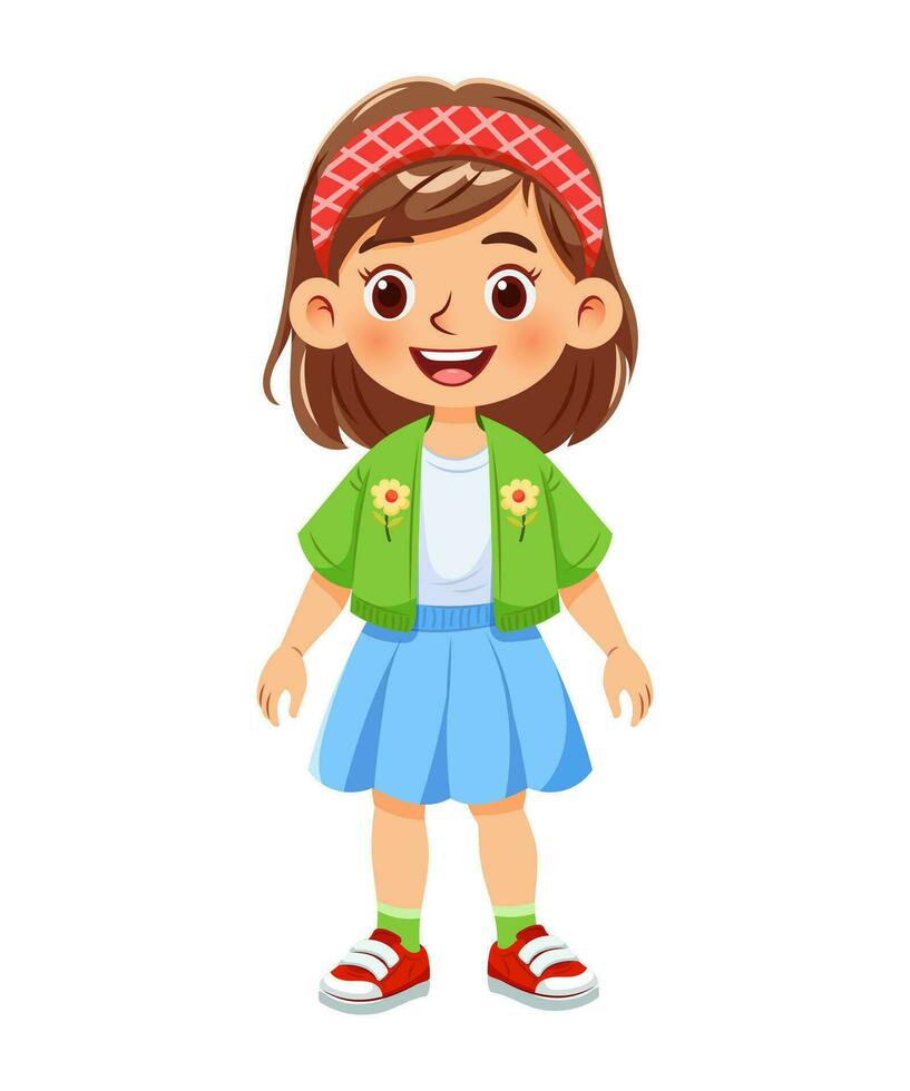 vettore illustrazione cartone animato di un' carino ragazza in piedi e sorridente mentre vestito nel colorato e casuale Abiti