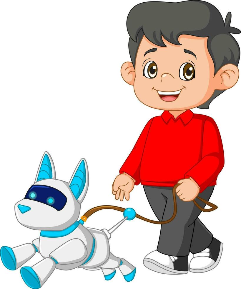 giovane ragazzo a piedi con informatica cane vettore