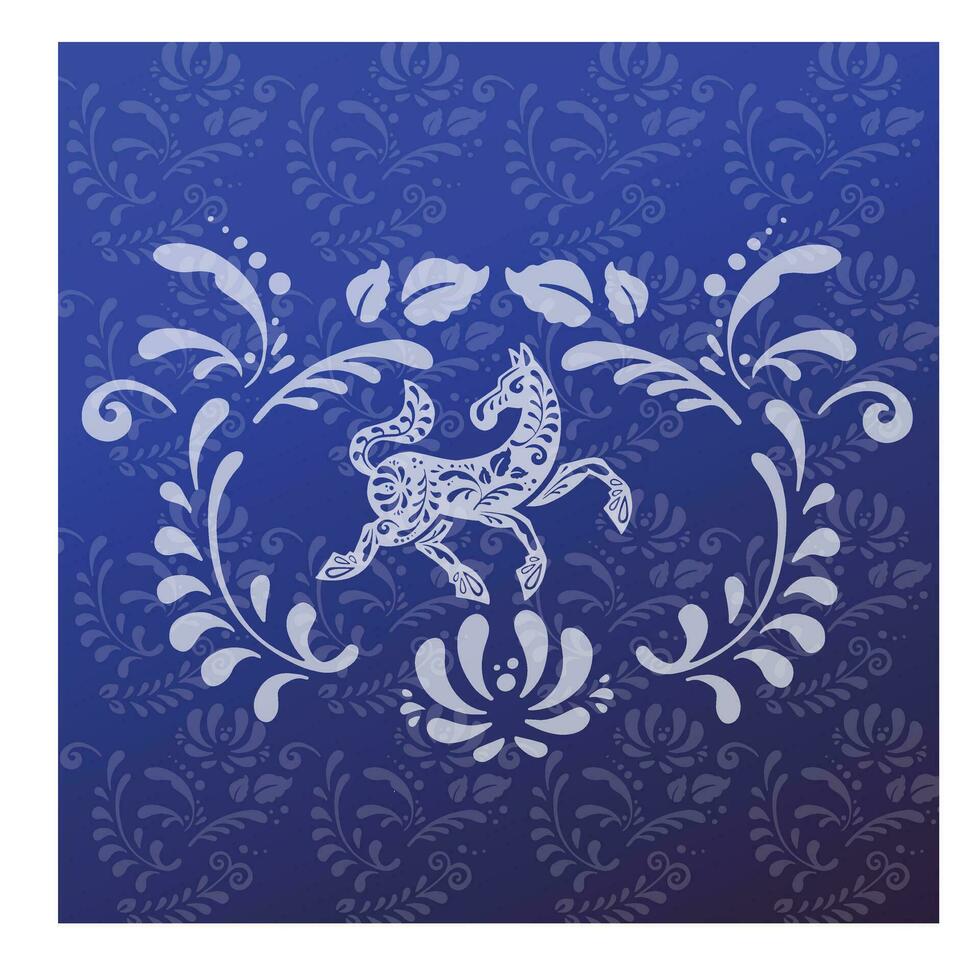 cavallo saluto carta, blu e bianca cavallo nel etnico russo stile, simbolo di il anno, vettore illustrazione eps 10