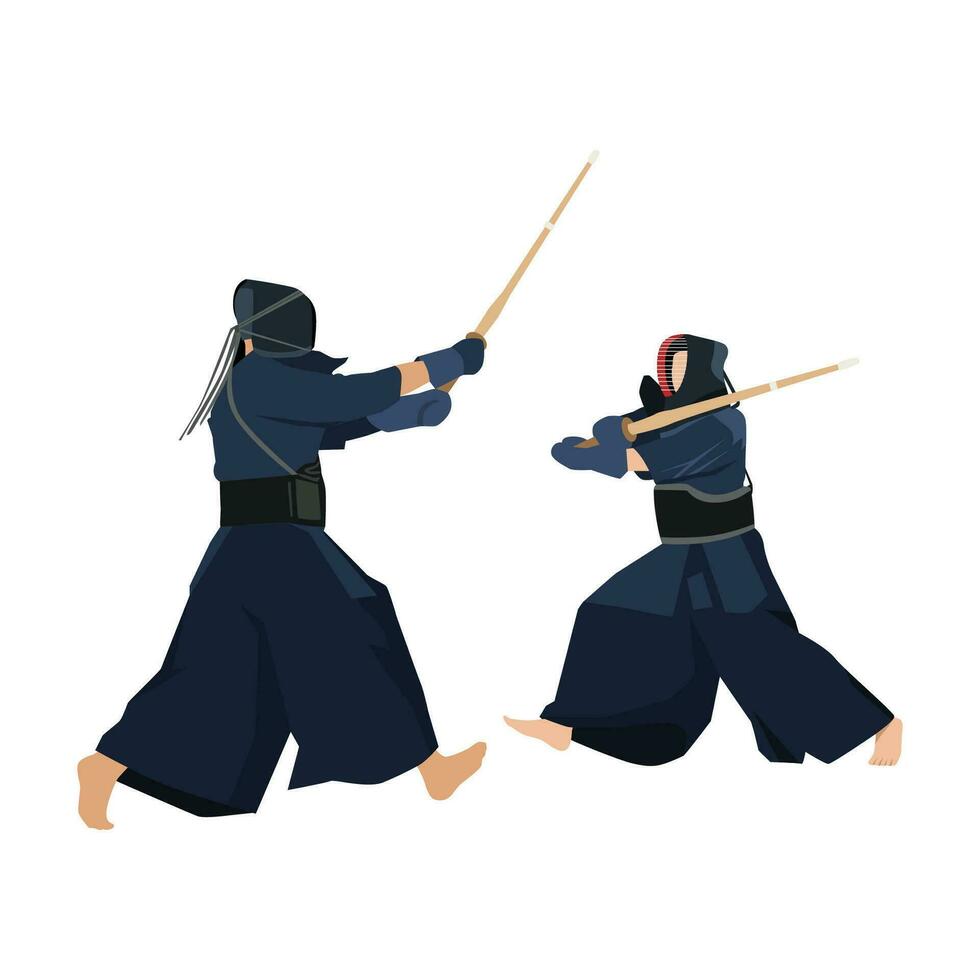 Due giovane energico uomini esercizio sparring combattimento kendo con di legno spada. combattivo combattimento sport concetto. vettore