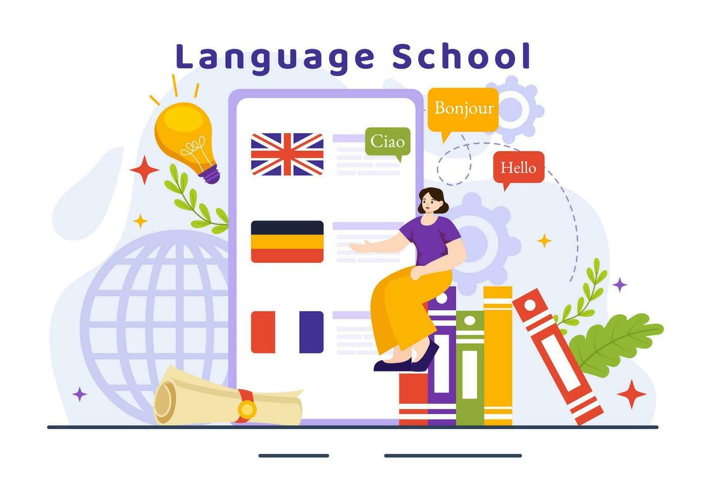 linguaggio scuola vettore illustrazione di in linea apprendimento, corsi, formazione programma e studia straniero ciao le lingue all'estero nel piatto sfondo