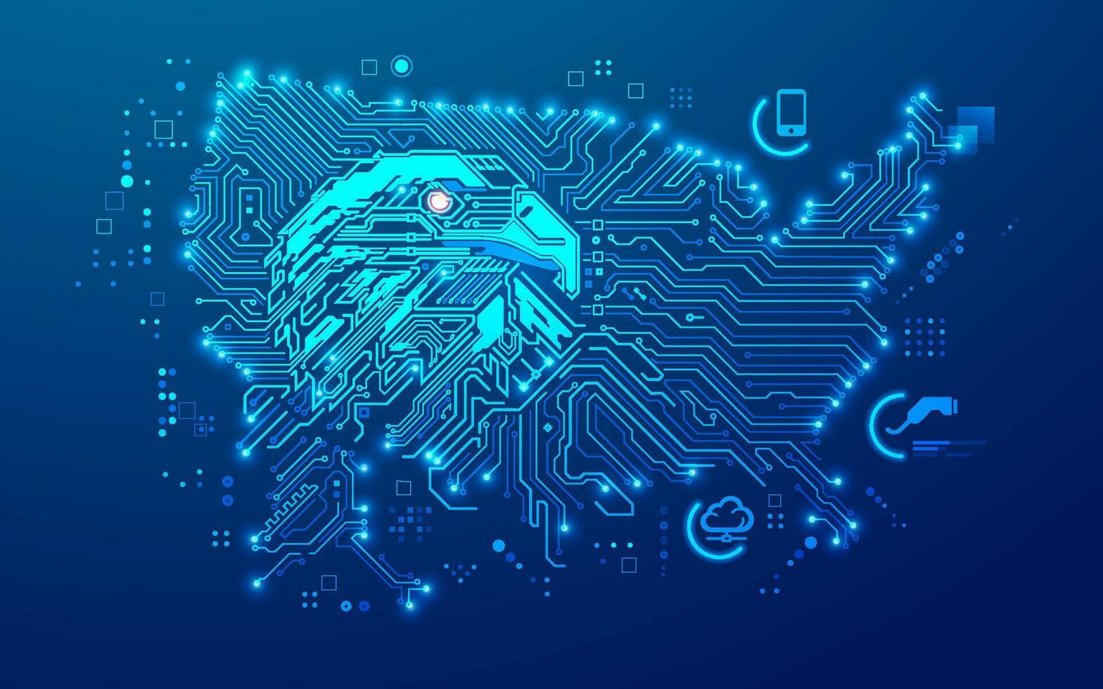 concetti di Stati Uniti d'America tecnologia o Tech guerra, grafico di aquila combinato con elettronico unito stati carta geografica vettore