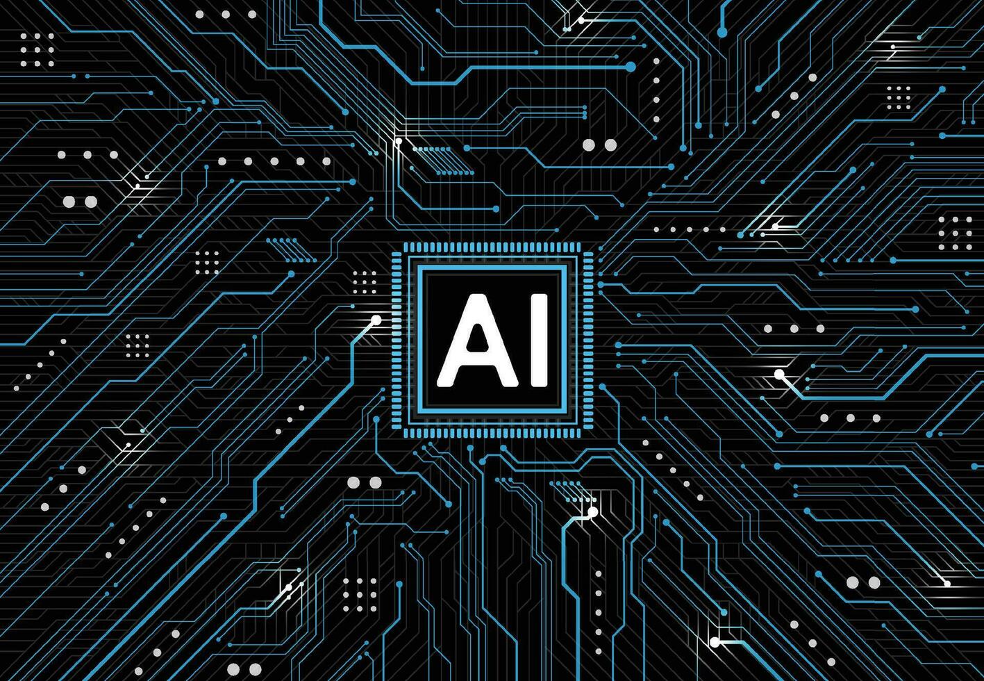 chipset di intelligenza artificiale sul circuito stampato in opere d'arte futuristiche di tecnologia concettuale per web, banner, carta, copertina. illustrazione vettoriale
