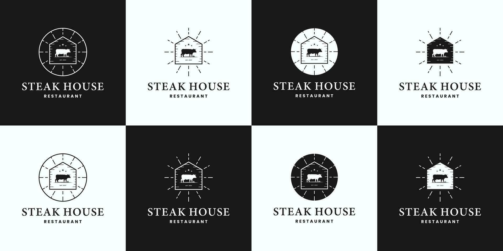 impostato di bistecca Casa, mucca, Manzo bistecca, azienda agricola , ranch logo design Vintage ▾ stile vettore
