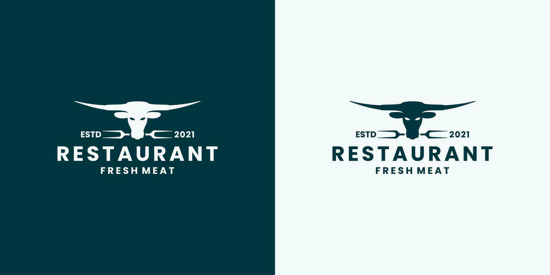 Longhorn, mucca, bufalo, logo design vettore per ristorante