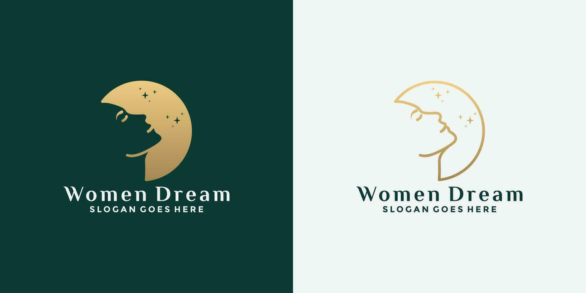 sognare donna logo design con donna viso e Luna vettore