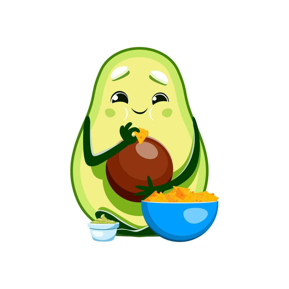 cartone animato avocado personaggio mangiare nachos patatine fritte vettore