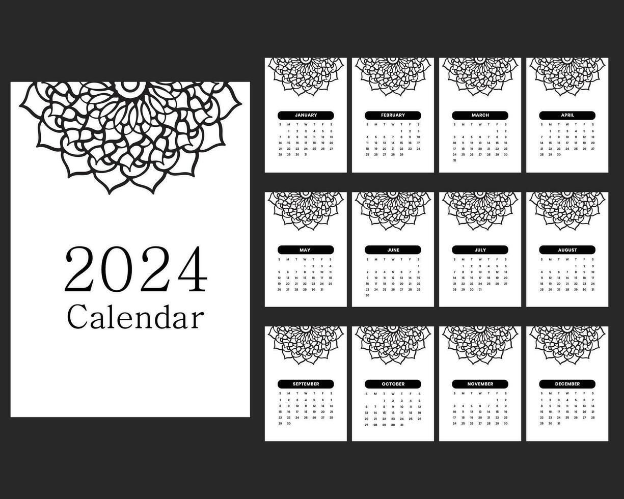 elegante 2024 mensile calendario nero e bianca, 12 mese calendario vettore