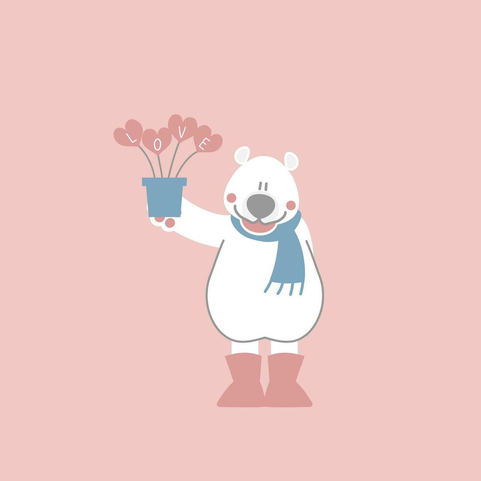 carino e bello orso Tenere cuore forma pianta, contento san valentino giorno, compleanno, amore concetto, piatto vettore illustrazione cartone animato personaggio costume design