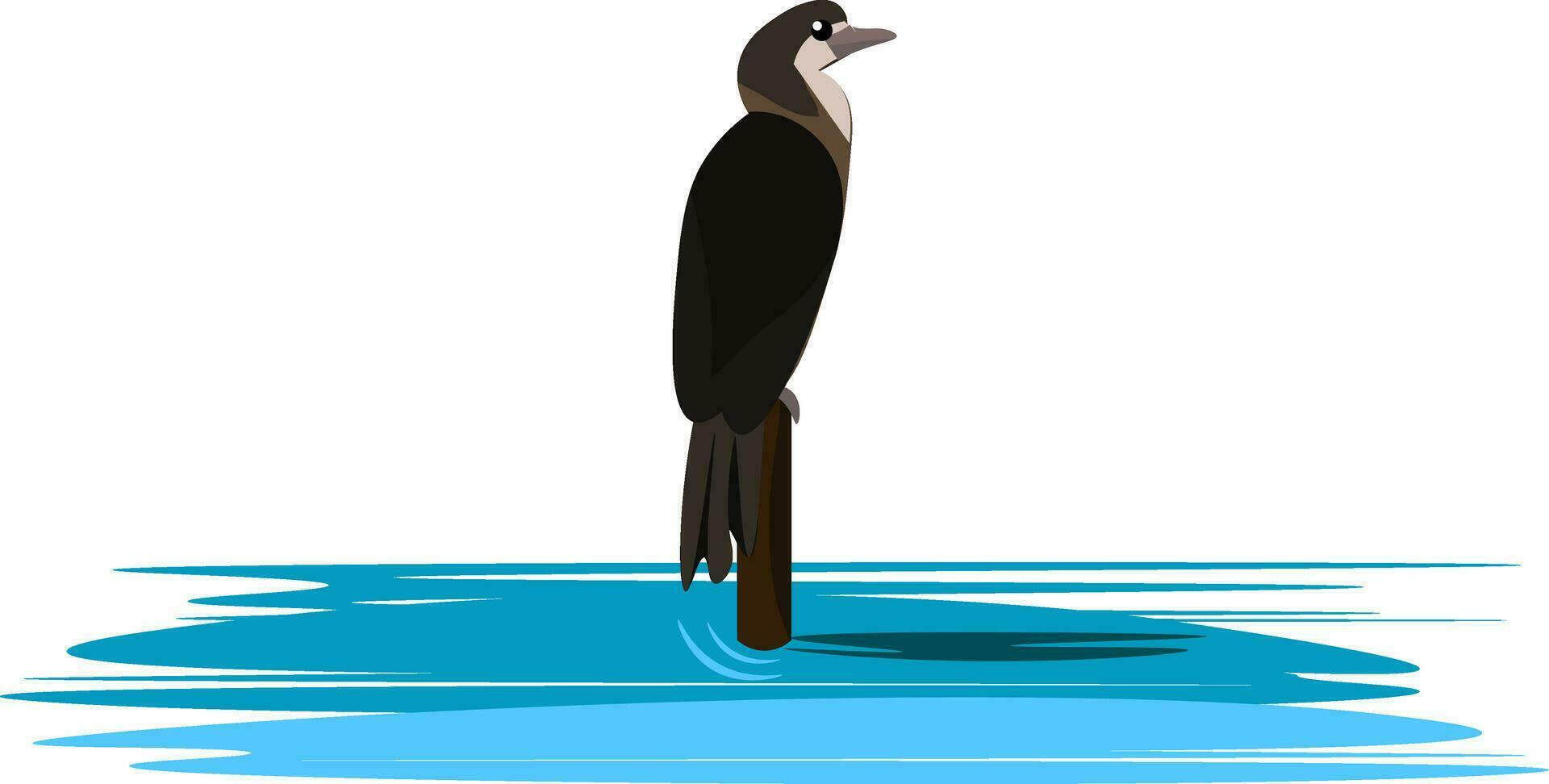 un' cartone animato uccello in piedi su un' di legno inviare nel il acqua vettore
