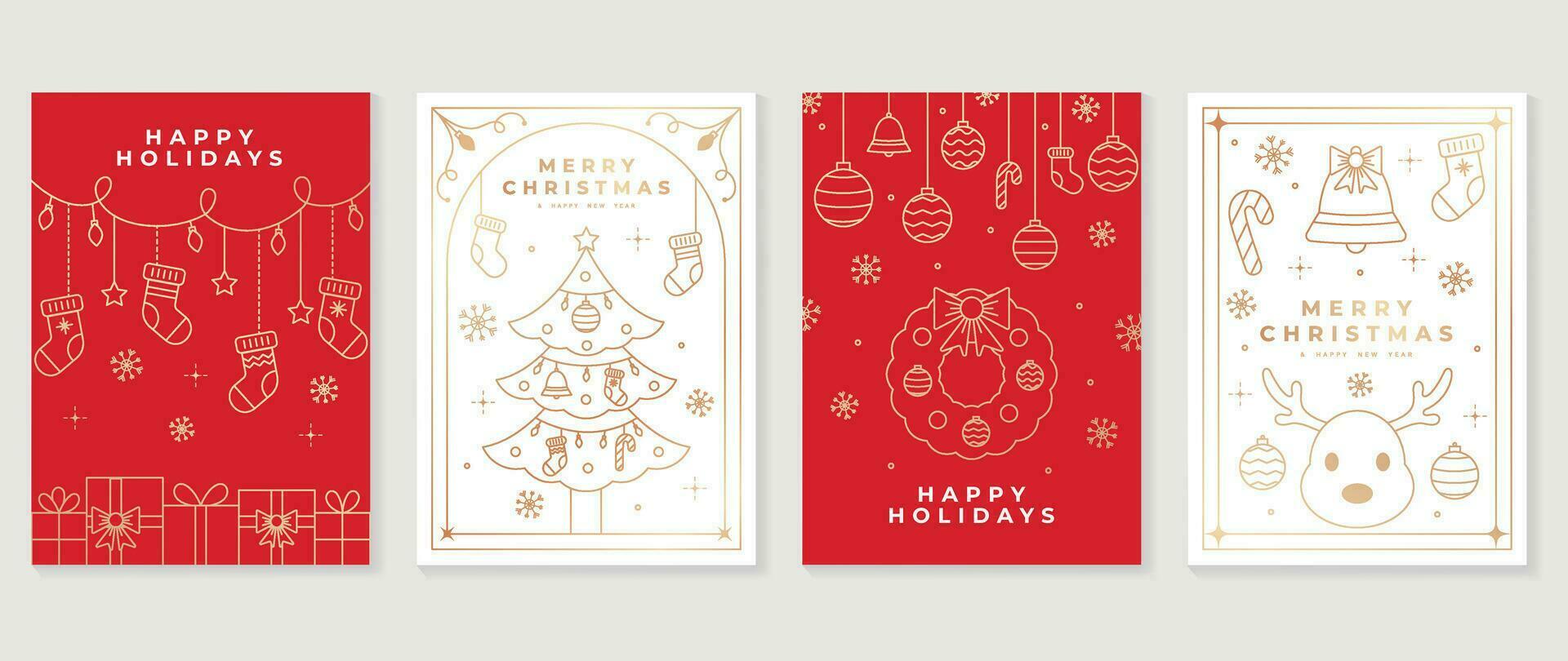 lusso Natale invito carta arte deco design vettore. Natale albero, fronzolo sfera, renna, ghirlanda, campana linea arte su rosso e bianca sfondo. design illustrazione per coperchio, manifesto, sfondo. vettore