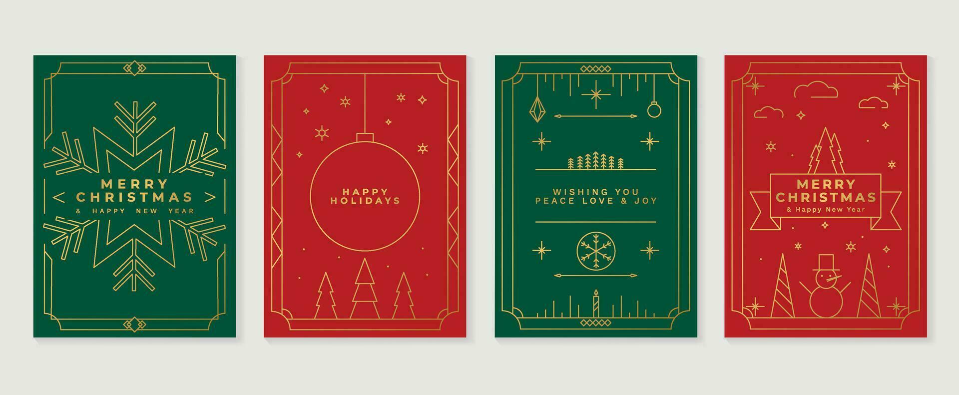 lusso Natale invito carta arte deco design vettore. Natale albero, fronzolo sfera, fiocco di neve, pupazzo di neve linea arte su verde e rosso sfondo. design illustrazione per coperchio, manifesto, sfondo. vettore