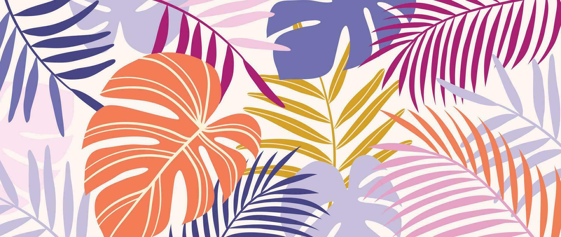 tropicale le foglie sfondo vettore. botanico fogliame bandiera design mano disegnato colorato palma foglia, Monstera le foglie linea arte. design per sfondo, coperchio, carte, confezione, volantino, tessuto. vettore