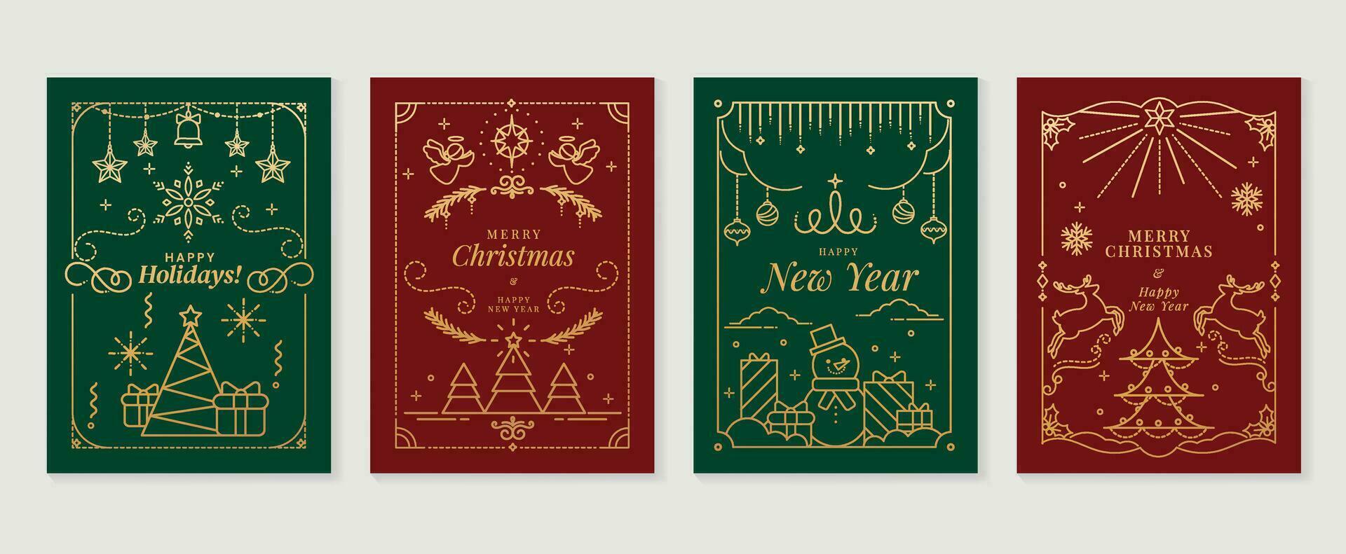 lusso Natale invito carta arte deco design vettore. Natale albero, fronzolo sfera, angelo, renna, pupazzo di neve linea arte su verde e rosso sfondo. design illustrazione per coperchio, manifesto, sfondo. vettore