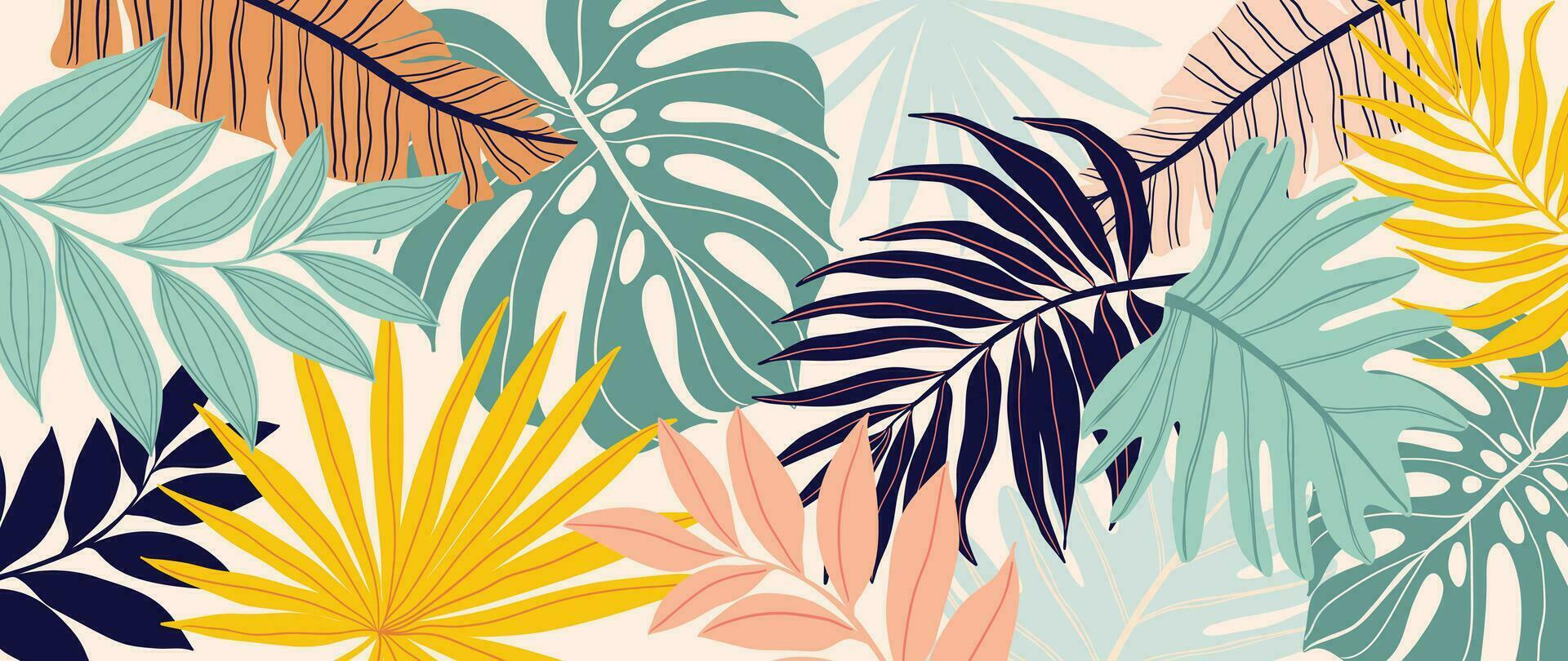 tropicale le foglie sfondo vettore. botanico fogliame bandiera design mano disegnato colorato palma foglia, Monstera le foglie linea arte. design per sfondo, coperchio, carte, confezione, volantino, tessuto. vettore