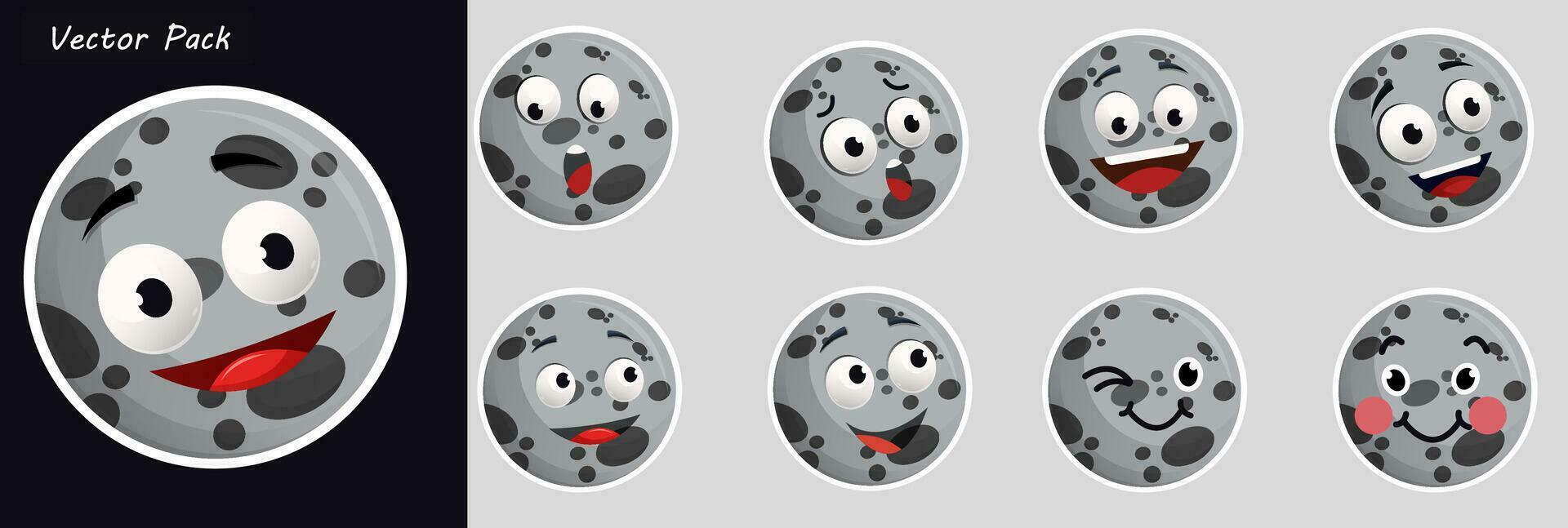 collezione di differenza emoticon icona di carino Plutone pianeta cartone animato su bianca sfondo. 9 emoticon nel vettore imballare illustrazione.