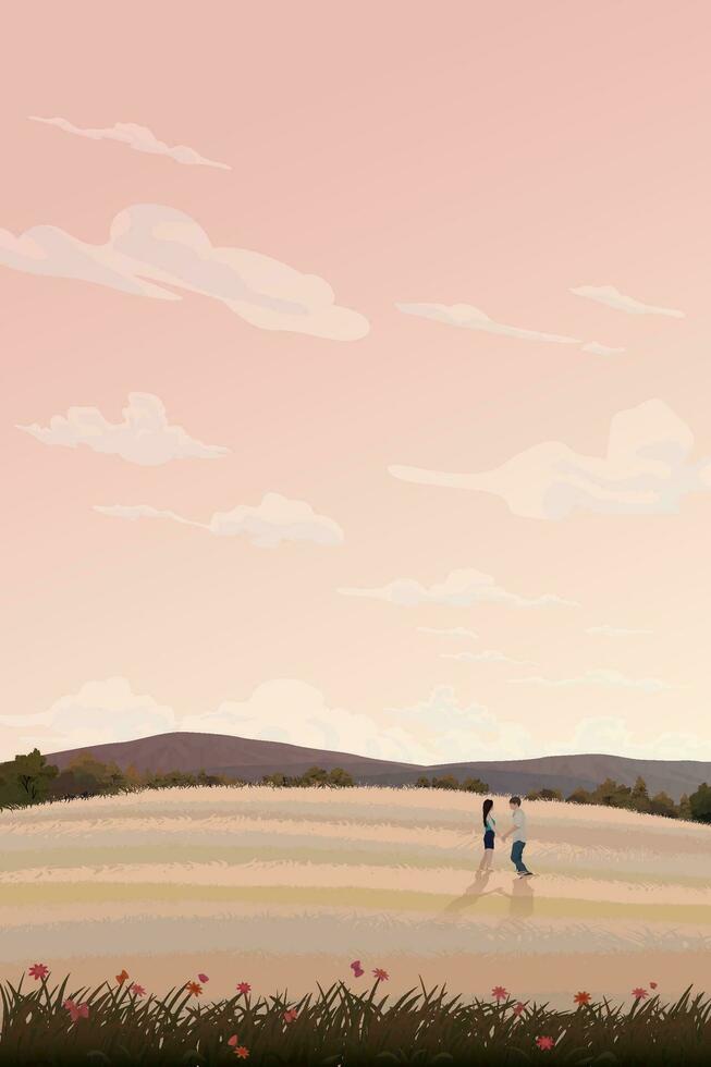 coppia di amante incontro a prato su il collina avere montagna gamma con vaniglia cielo sfondo vettore illustrazione. viaggio di Tesoro concetto piatto design avere vuoto spazio.