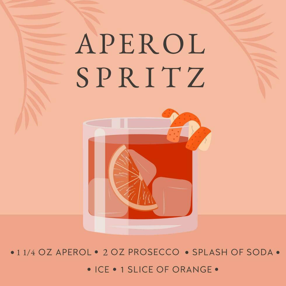 aperol spritz cocktail ricetta. classico estate alcolizzato bevanda nel bicchiere con ghiaccio e arancia fetta con tropicale palma ombra. italiano aperitivo su rocce con agrume sbucciare. vettore piatto illustrazione.