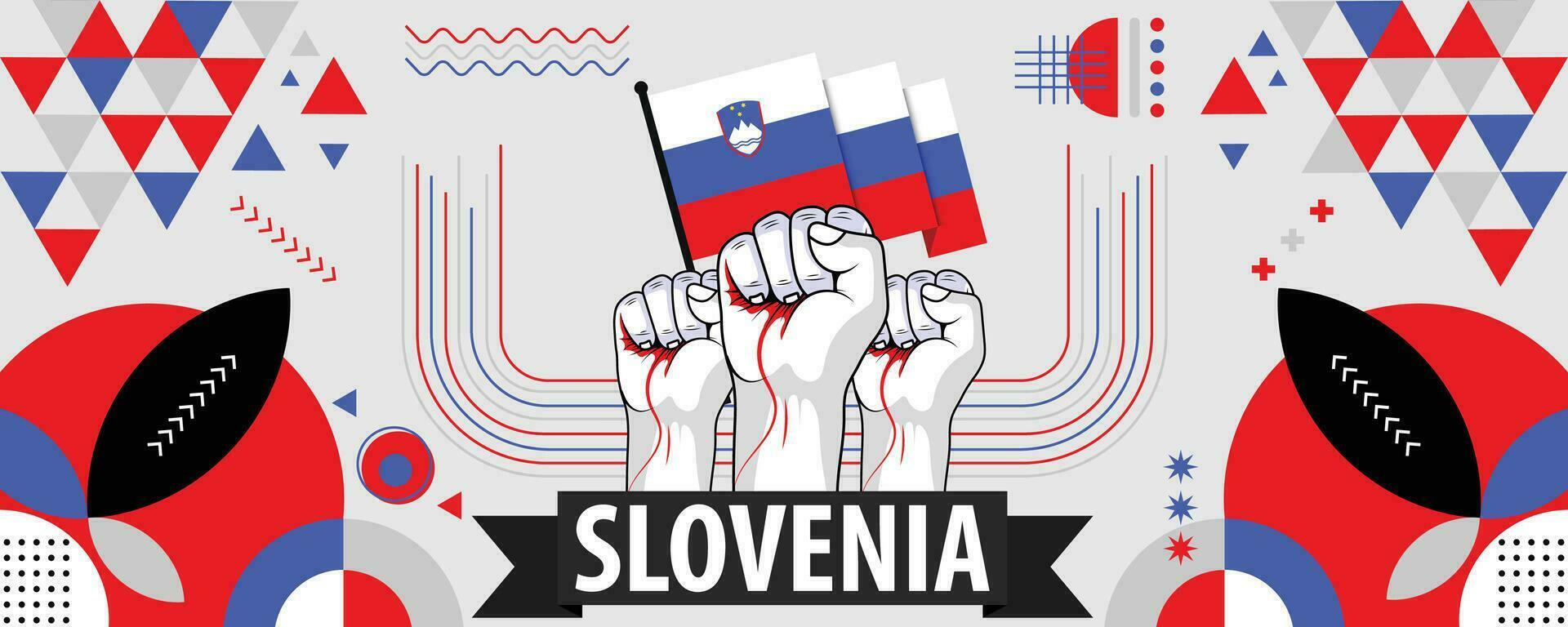 slovenia nazionale o indipendenza giorno bandiera per nazione celebrazione. bandiera di slovenia con sollevato pugni. moderno retrò design con typorgaphy astratto geometrico icone. vettore illustrazione.