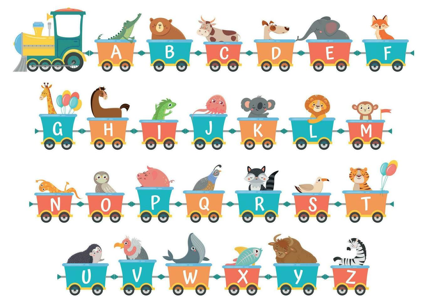 alfabeto treno con animali. cartone animato animale illustrazione nel furgone vettore