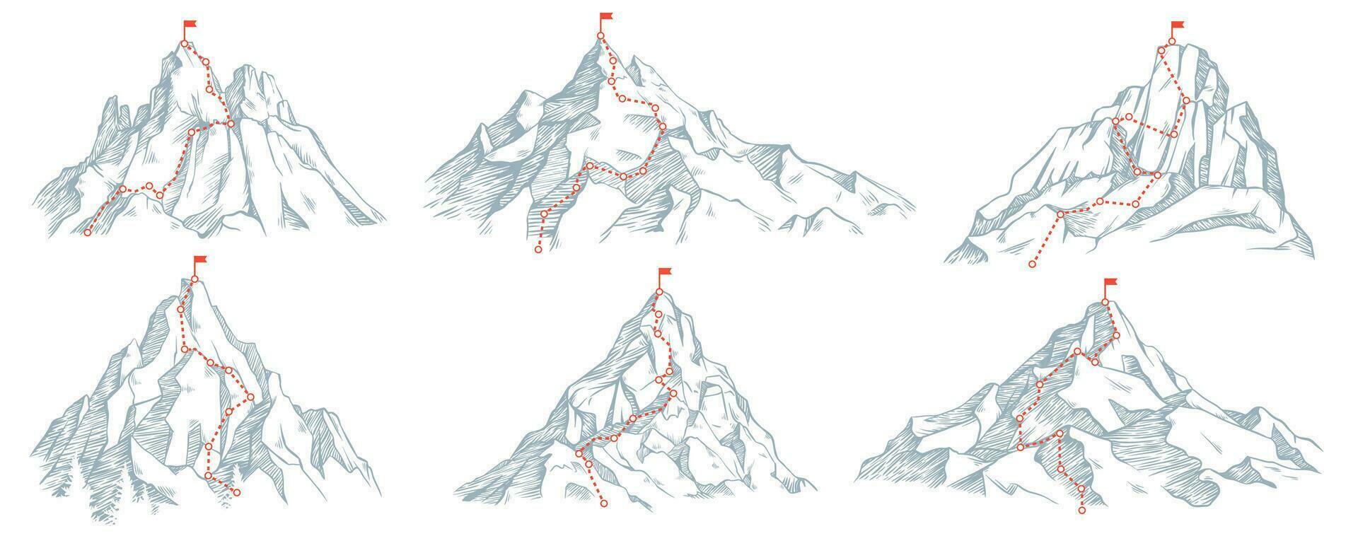 schizzo itinerario per montagna picco. mano disegnato schizzo montagne, sentiero per superiore e arrampicata viaggio Piano vettore illustrazione impostato