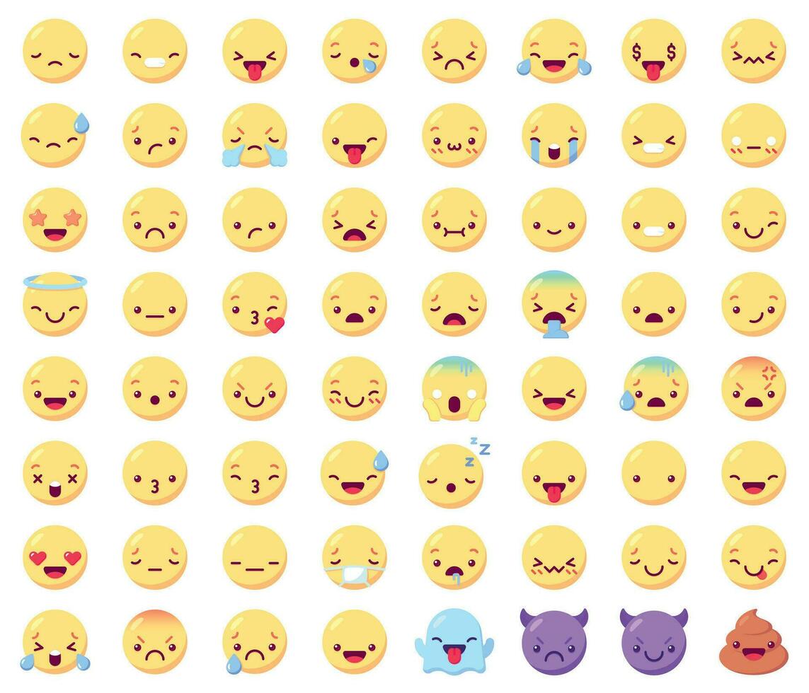 piatto emoticon emoji. contento sorridente giallo facce, arrabbiato e triste, gioia e piangere, facciale espressioni. fantasma, diavolo e merda vettore icone impostato