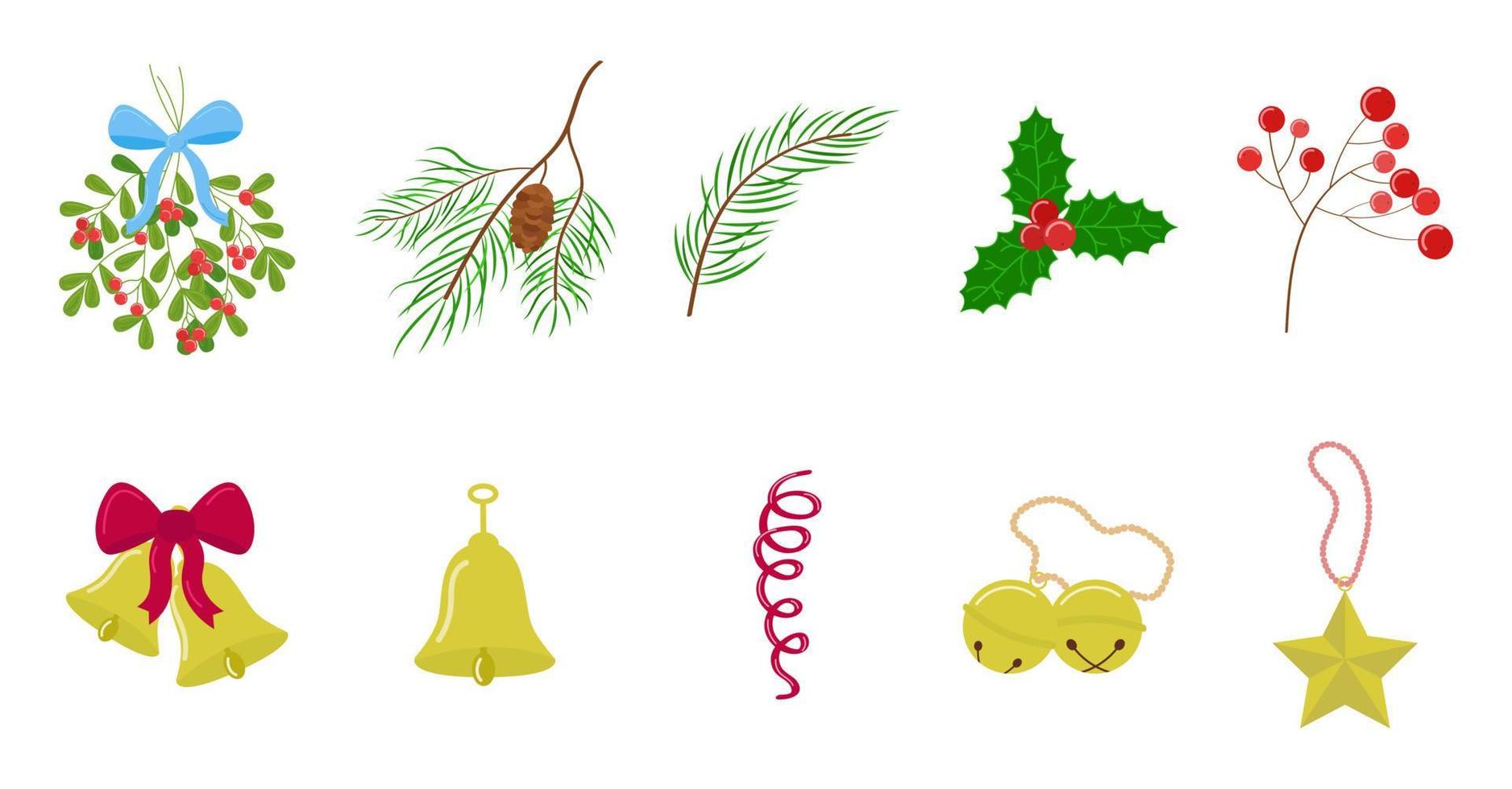 set di ornamenti natalizi. collezione di vettore di decorazioni floreali. jingle bells, agrifoglio, rami di abete
