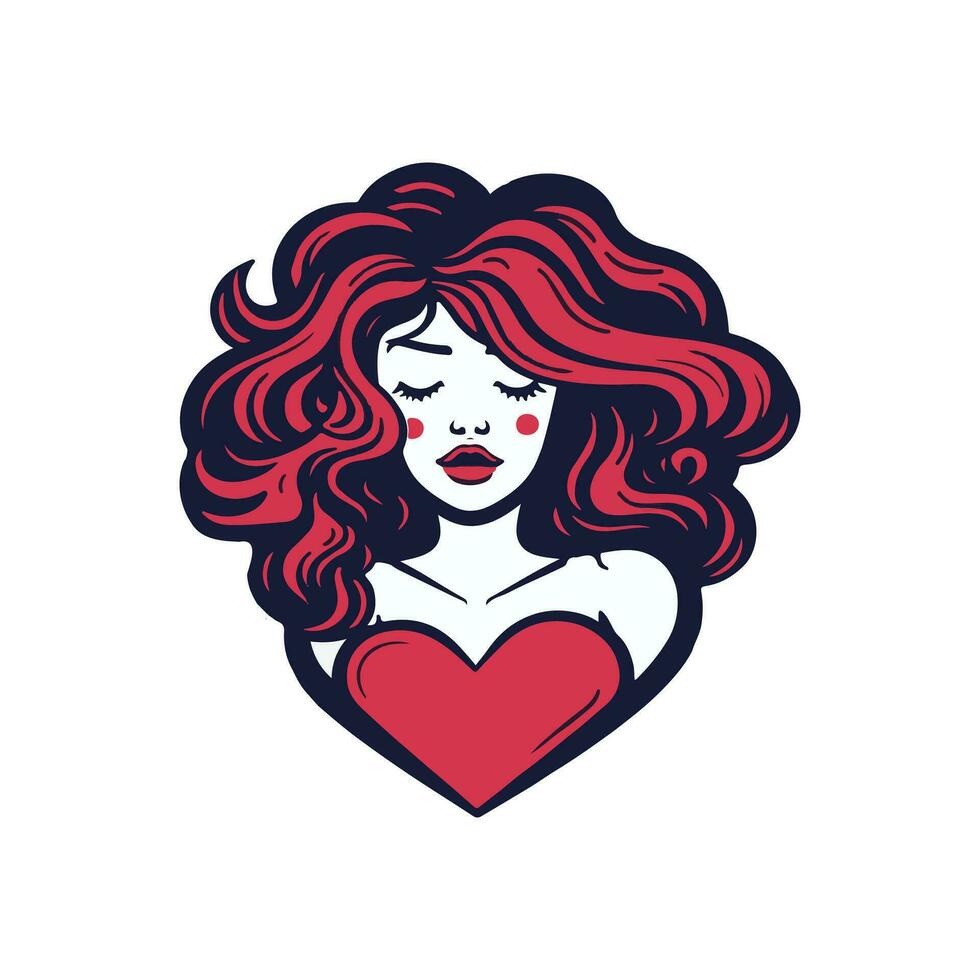 ai generato bellissimo ragazza con lungo Riccio capelli e rosso cuore. vettore illustrazione.