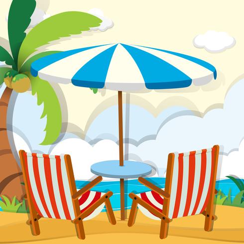 Sedie e ombrellone in spiaggia vettore