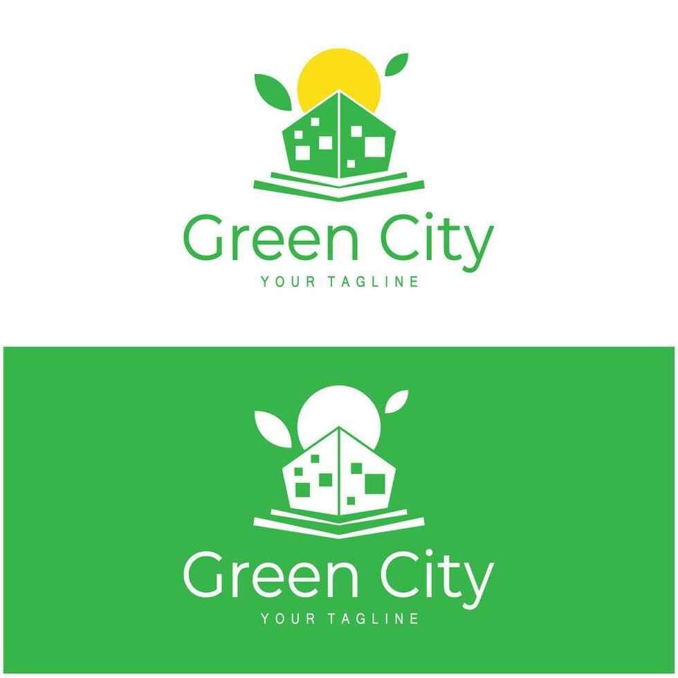 verde e salutare moderno città con foglia logo design per attività commerciale, proprietà, costruzione, eco città, futuro città, architetto, l'ambiente amichevole vettore