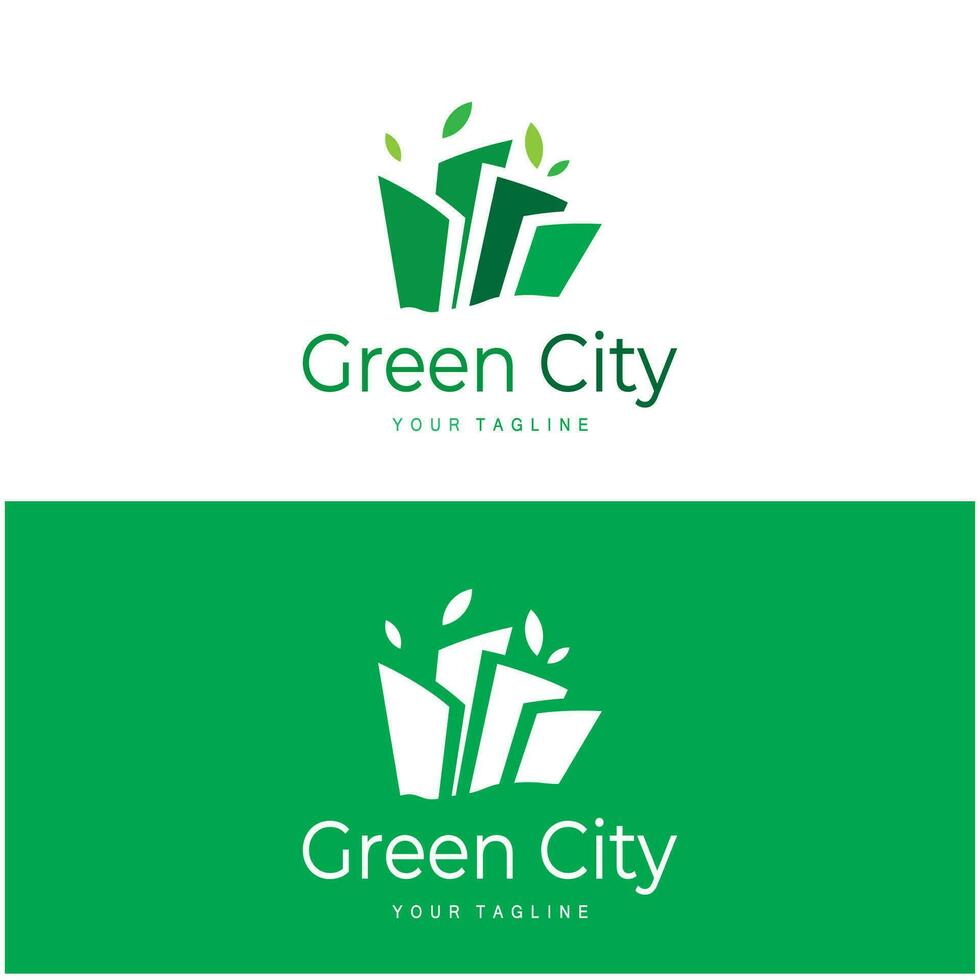 verde e salutare moderno città con foglia logo design per attività commerciale, proprietà, costruzione, eco città, futuro città, architetto, l'ambiente amichevole vettore