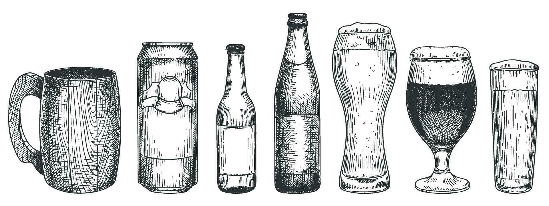 schizzo birra. birra occhiali, tazze e bottiglie con birra, oggetto per ragnatela, manifesto e invito festa o pub menù Vintage ▾ mano disegnato vettore impostato