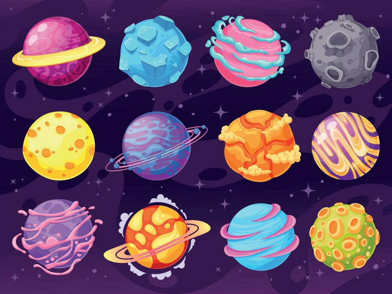 fantasia pianeti. colorato cosmico pianeta oggetti per gioco design fantastico galassia mondo, astronomia spazio universo cartone animato vettore impostato