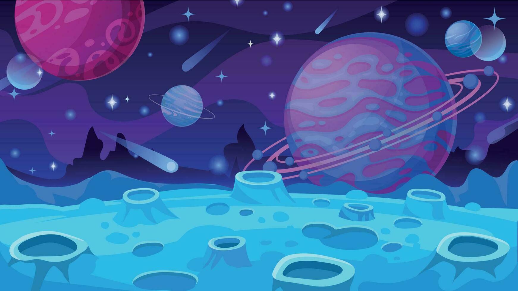 fantasia pianeta superficie. extraterrestre paesaggio con crateri, comete e rocce, futuristico animazione galassia mondo per gioco vettore concetto