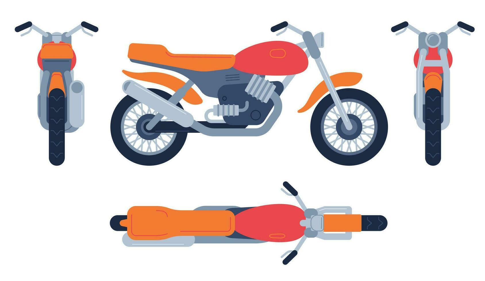 motociclo nel diverso posizioni. motocicletta superiore, davanti indietro e lato Visualizza, dettagliato motocross veicoli trasporto modello vettore impostato