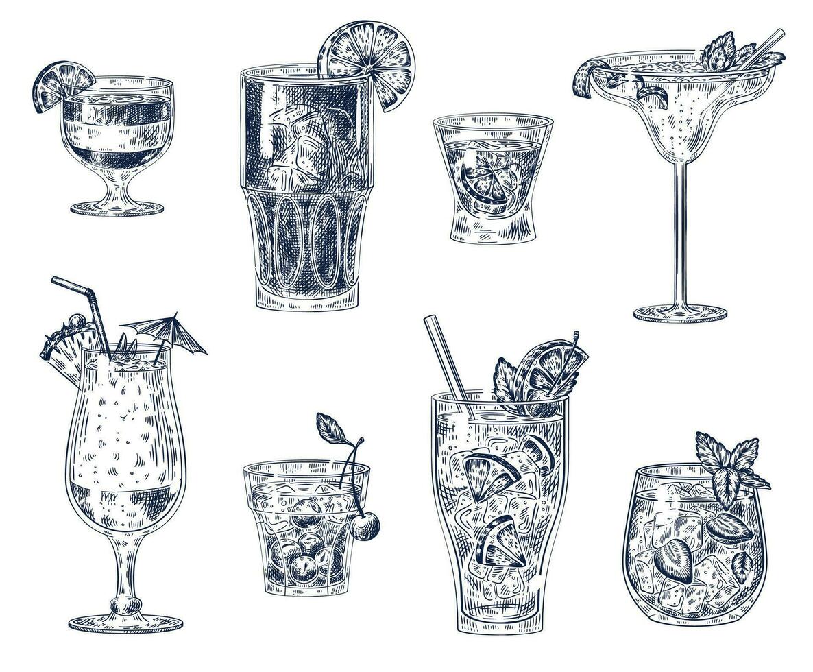 schizzo cocktail. alcolizzato bevande, cocktail. Pina colada, Americano e Vodka, ciliegia cocktail e Margherita, Sangria per menù vettore impostato