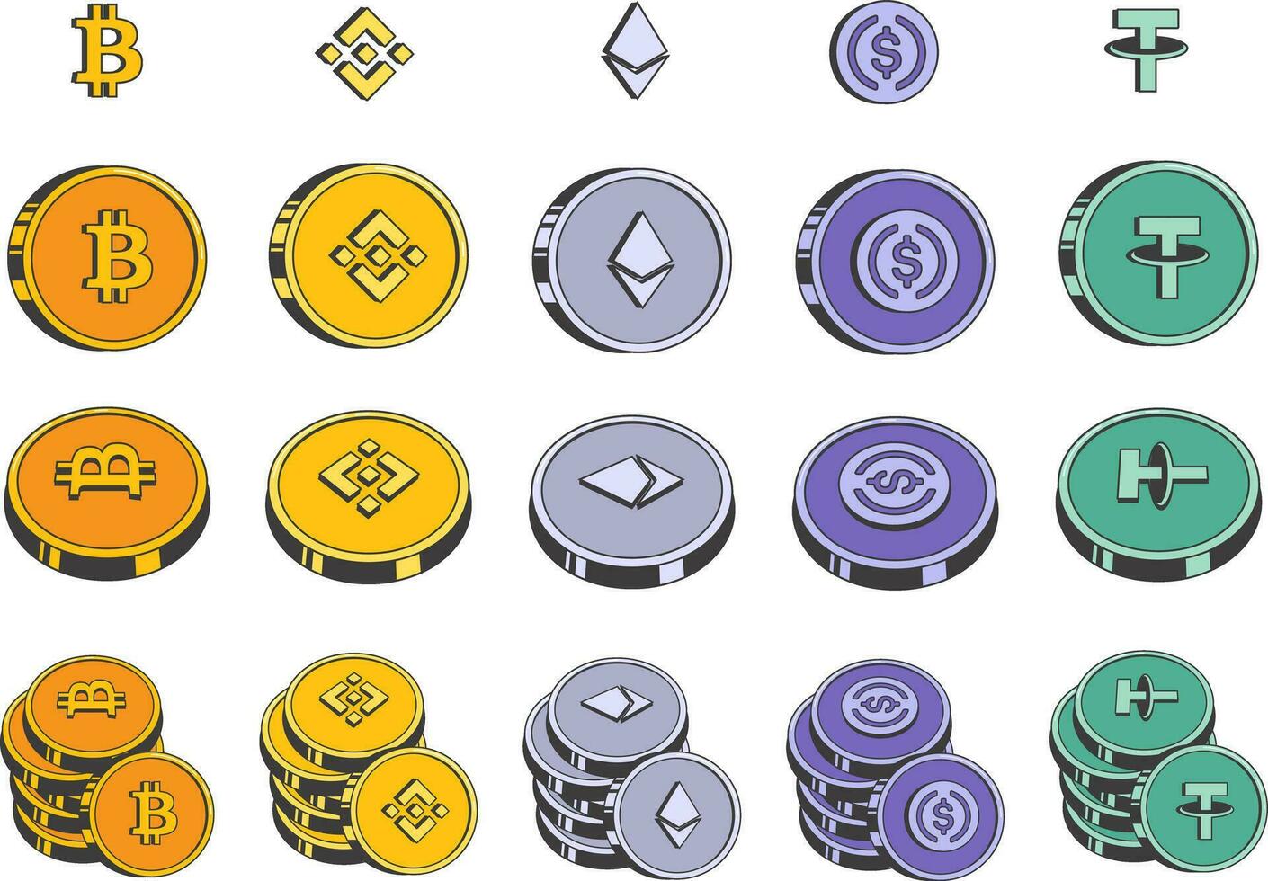 criptovaluta simboli e monete, bitcoin, ethereum, binario, legare e Dollaro statunitense moneta su un' trasparente sfondo. vettore illustrazione nel retrò stile