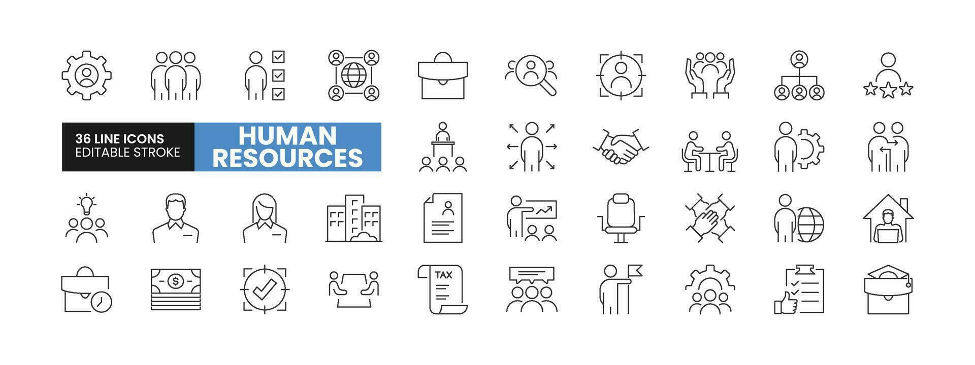 impostato di 36 umano risorse linea icone impostare. umano risorse schema icone con modificabile ictus collezione. include squadra, portafoglio, organizzazione, vacante posto, stipendio, e di più. vettore