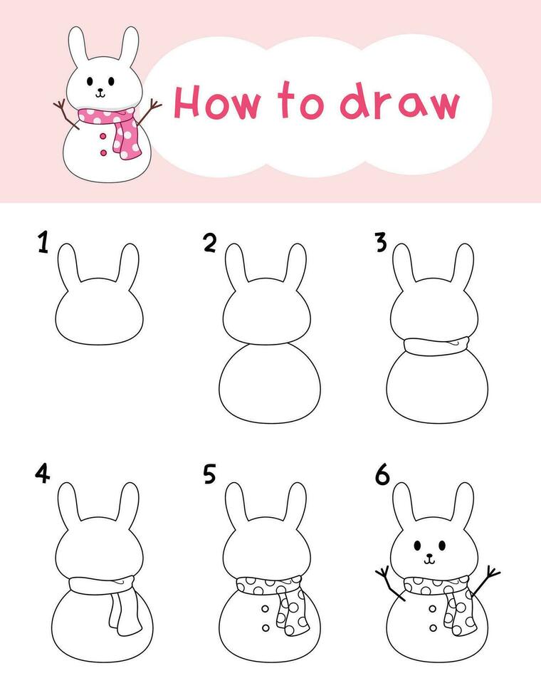 Come per disegnare coniglio pupazzo di neve cartone animato per Natale, inverno, colorazione libro e formazione scolastica. vettore illustrazione