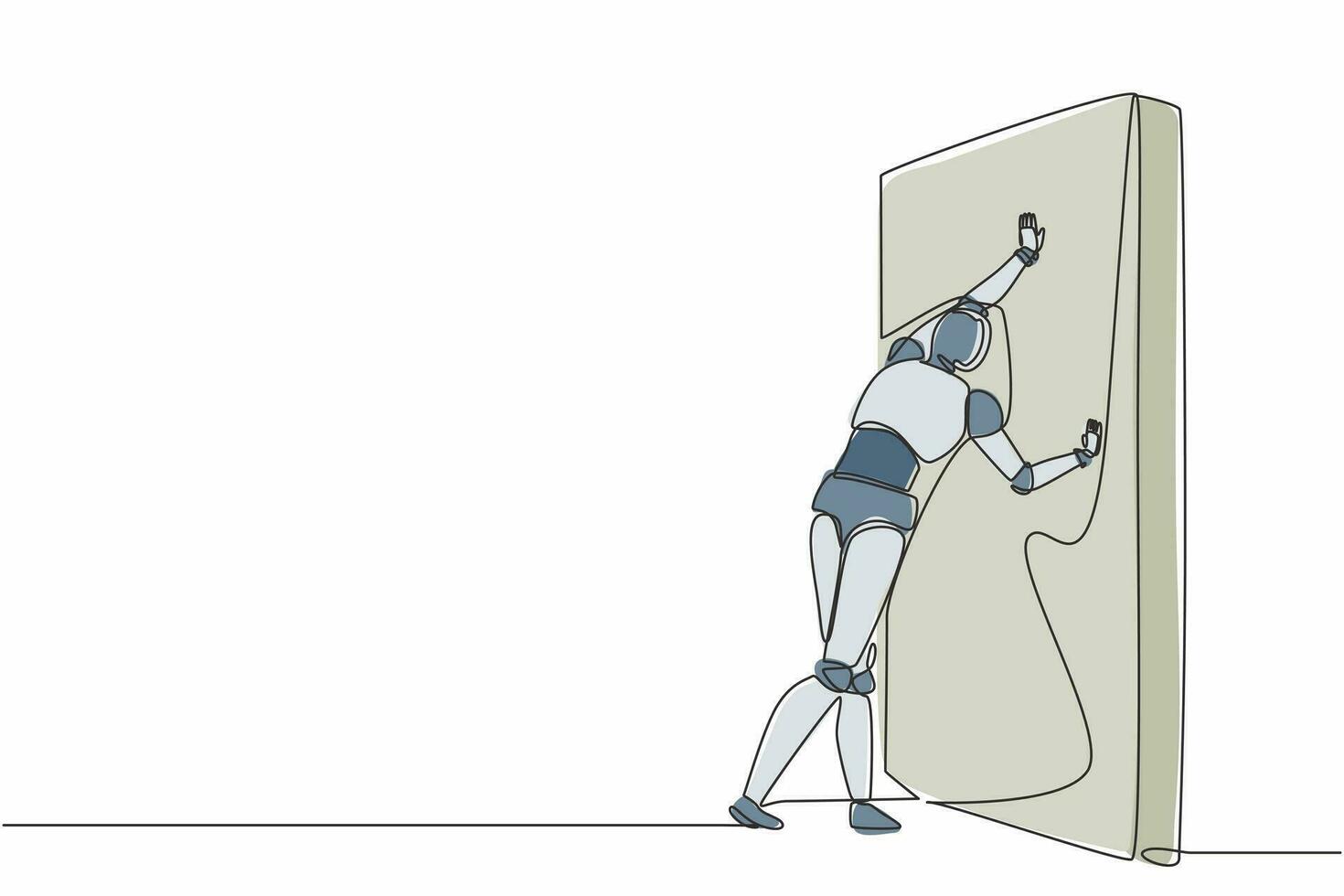 robot di disegno a linea continua che spinge il muro. sfida e soluzione del problema. organismo cibernetico robot umanoide. sviluppo futuro della robotica. illustrazione grafica vettoriale di disegno a linea singola