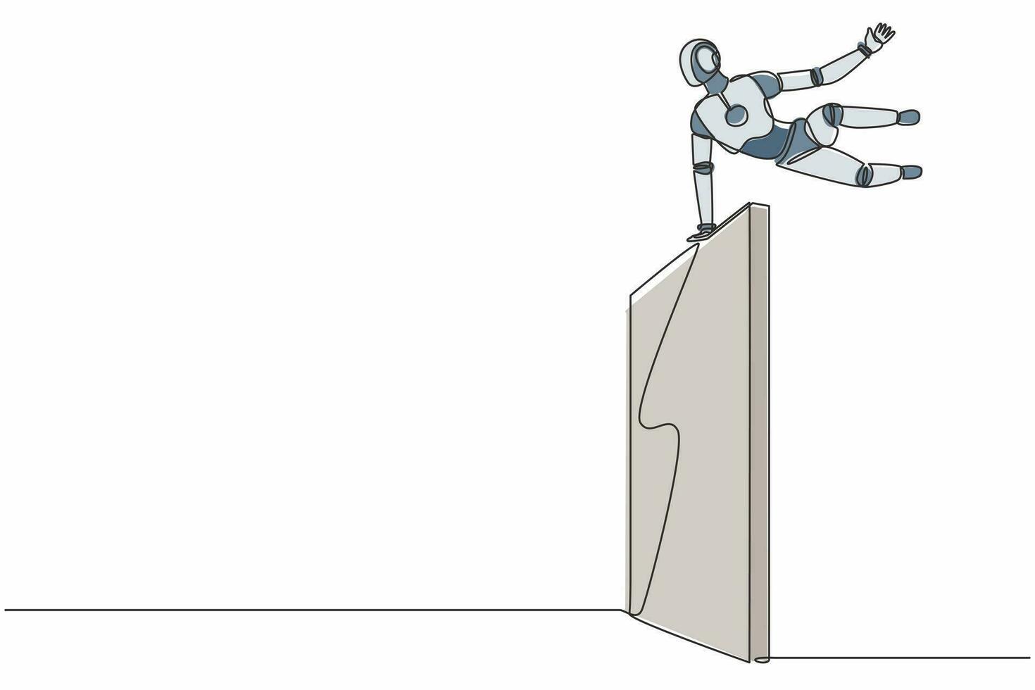 il robot di disegno a linea singola salta oltre il muro, fuori dalla zona di comfort. tecnologia futura. intelligenza artificiale e processi di machine learning. illustrazione vettoriale grafica di disegno a linea continua