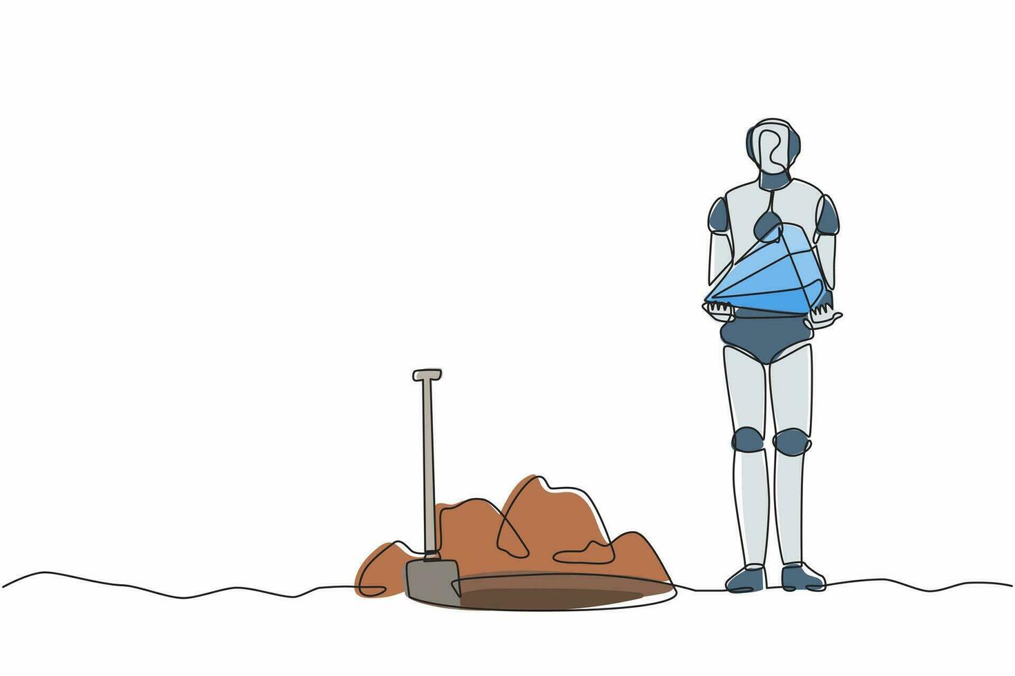 robot di disegno a linea singola in piedi e con in mano un grande diamante. sviluppo tecnologico futuro. processi di apprendimento automatico dell'intelligenza artificiale. illustrazione grafica vettoriale di progettazione di linea continua