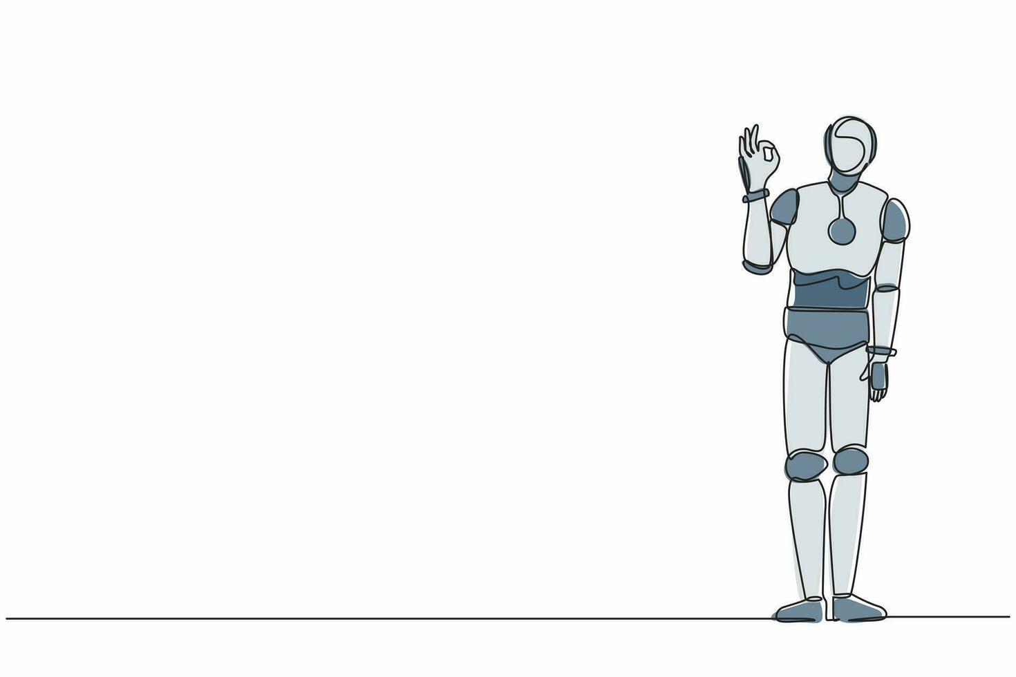 robot di disegno continuo di una linea che fa gesti di segno ok con le dita. ok segno gesto. organismo cibernetico robot umanoide. futuro sviluppo robotico. illustrazione grafica vettoriale di disegno a linea singola