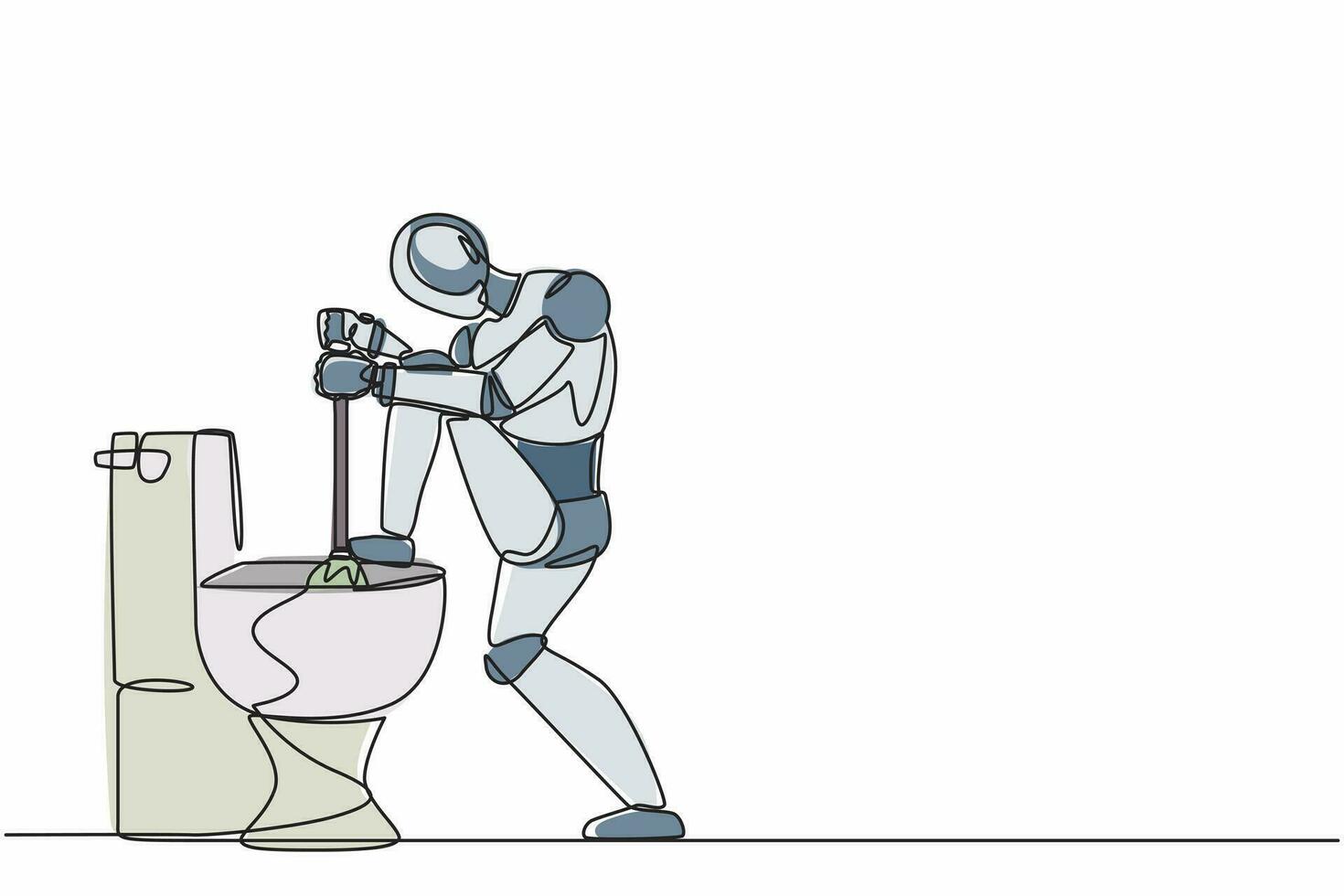 il robot di disegno a linea continua singolo risolve la perdita o l'ostruzione della toilette dell'impianto idraulico, strumenti di riparazione dell'idraulico. intelligenza artificiale robotica. tecnologia elettronica. illustrazione vettoriale di una linea grafica