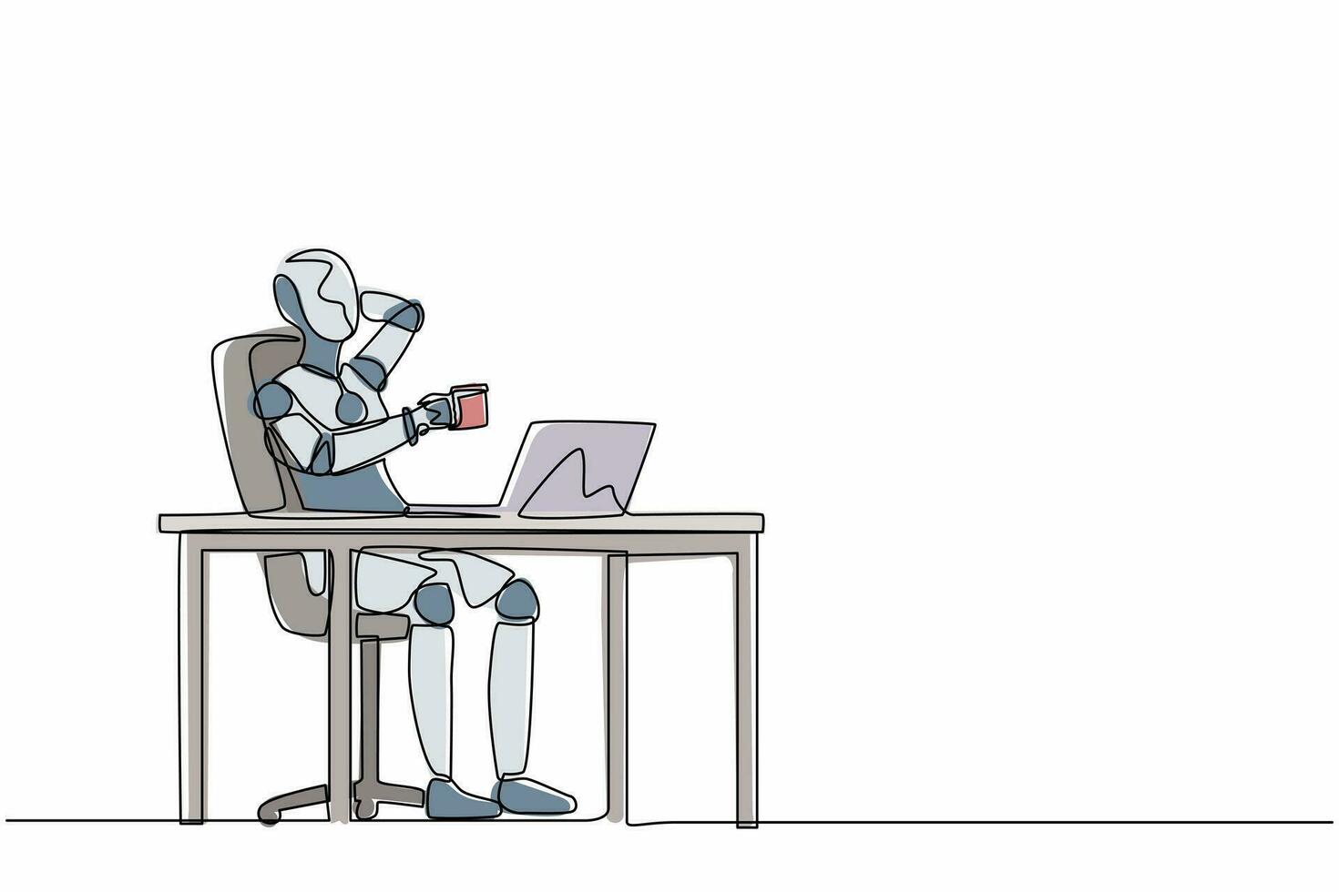 robot di disegno continuo di una linea rilassato alla scrivania e bere una tazza di caffè. organismo cibernetico robot umanoide. futuro concetto di sviluppo della robotica. illustrazione grafica vettoriale di disegno a linea singola